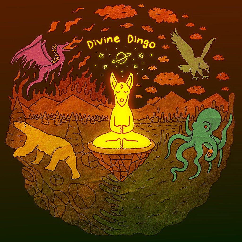 Album art for Divine Dingo. A glowing dingo meditates on a rock, circled by a dragon, an eagle, a bear, and an octopus.