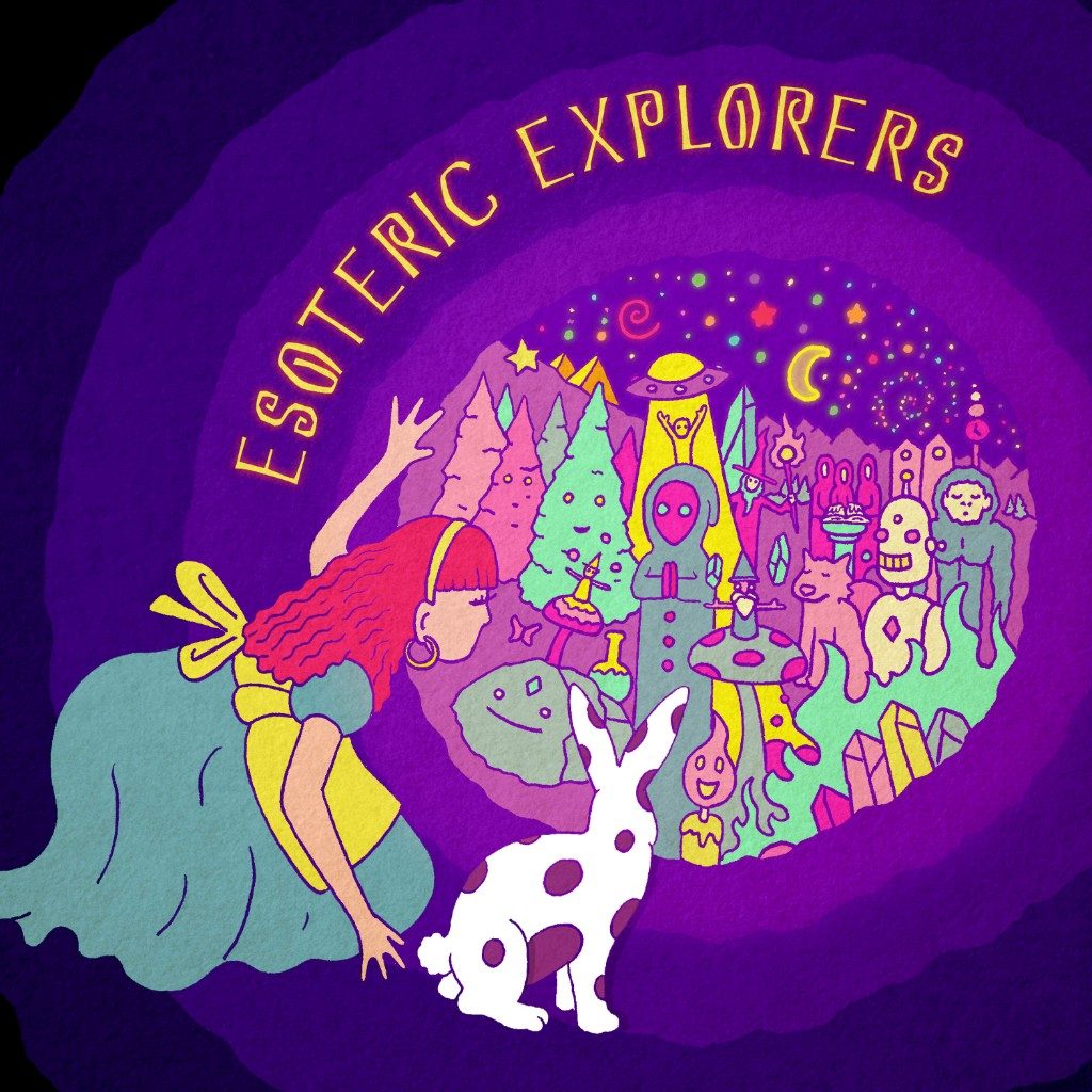 Podcast art for Esoteric Explorers. A girl and a spotted rabbit look into a round portal full of trees, crystals, and small creatures.