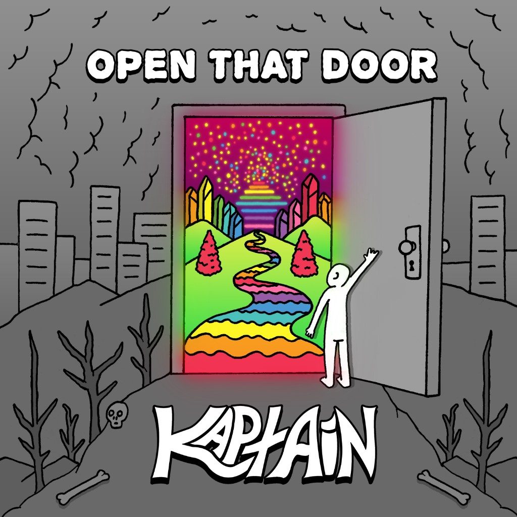 Album cover for Kaptain. A figure opens a gray door onto a rainbow path through a bright crystal landscape. The title is Open That Door.