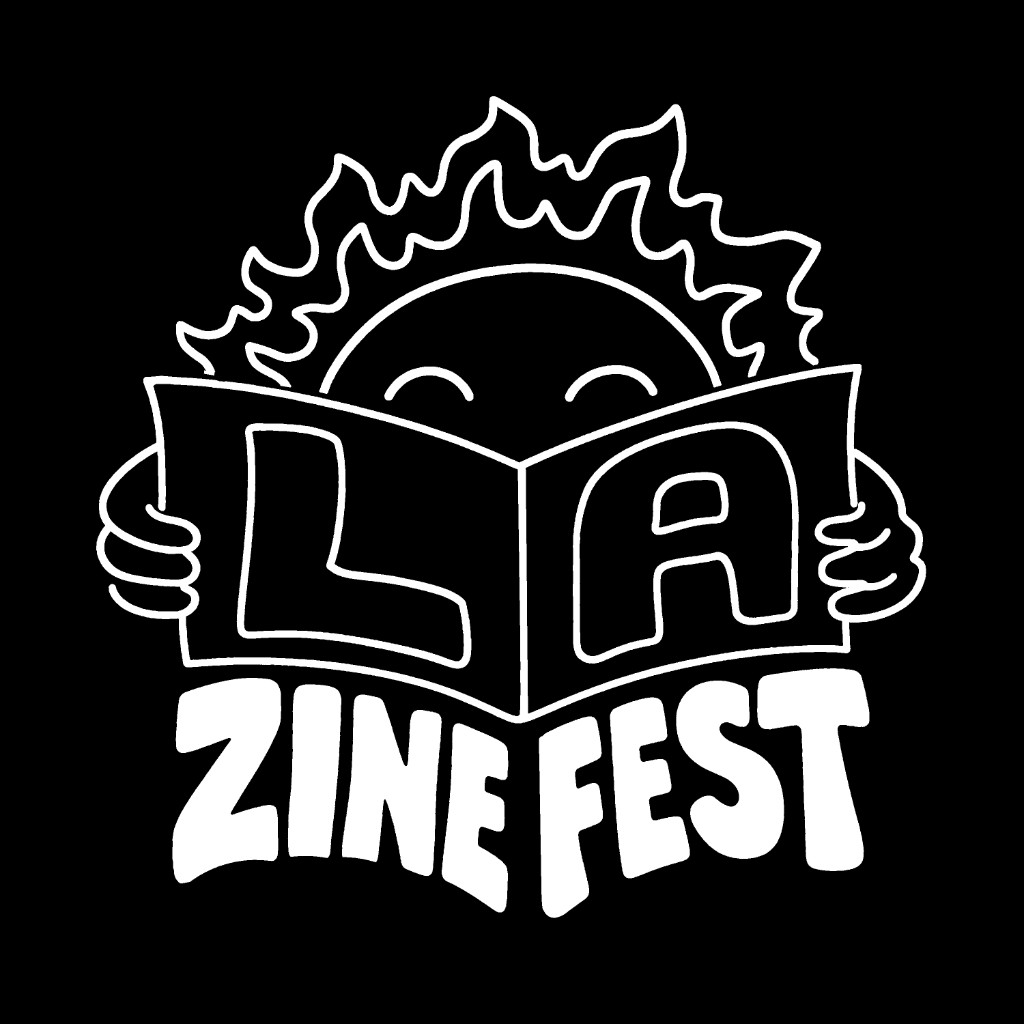 LA Zine Fest logo. A smiling sun holds an open book that reads LA, with ZINE FEST in bubbly letters underneath.